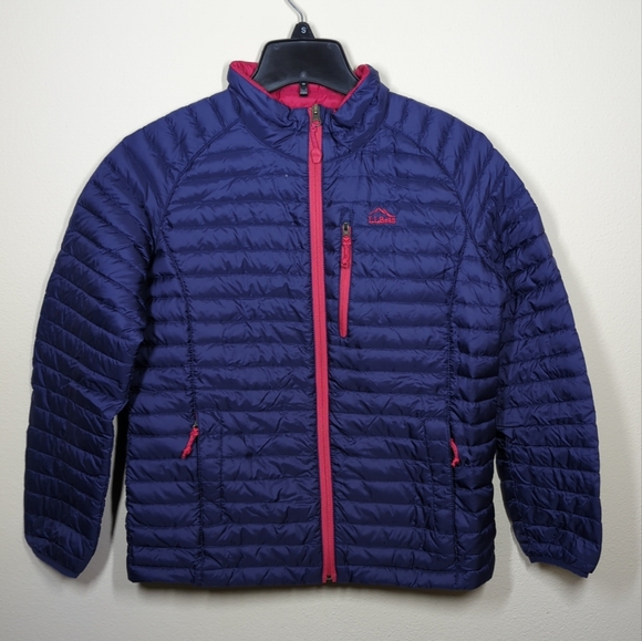 LL Bean Girl’s L 14-16 Blue & Pink 650 Goose Down Packable Downtek Puffer Coat - Picture 1 of 8